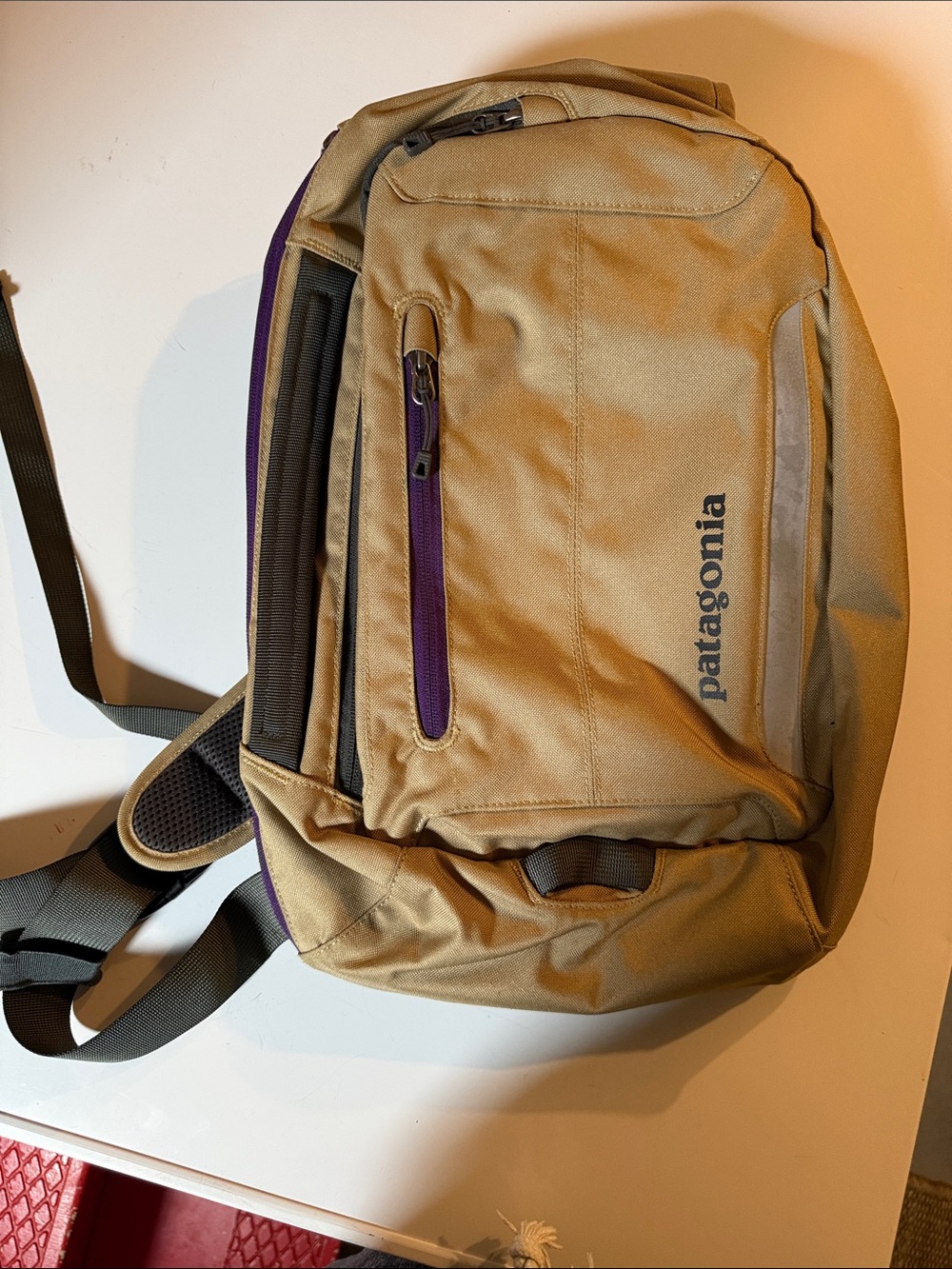 Patagonia Tan Sling Bag with Purple Zipper Accents
